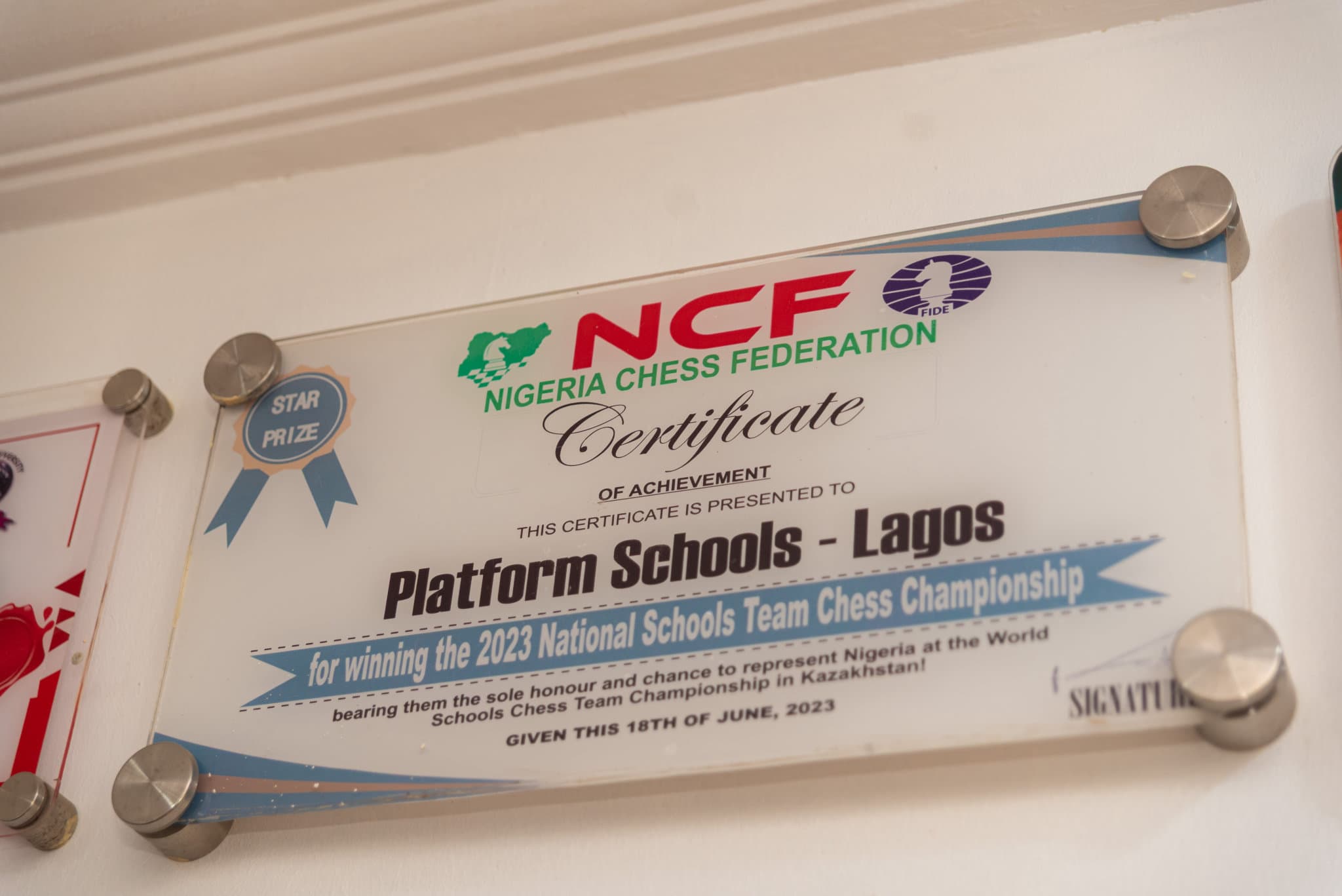 Nigeria Chess Federation certificate for the 2023 National Schools Team Chess Championship